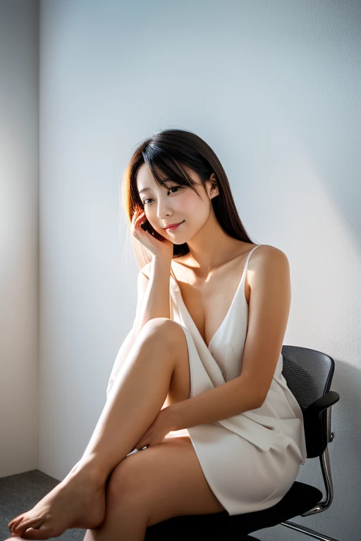 lens: 135mm f1.8,(Highest quality), (Beautiful 24 year old Japanese girl), (Moisturized lips), Narrow eyes, double eyelid,Delicate clavicle,Flat Chest,Layered Hair、
shame, A faint smile,
(In front of a white wall:1.2), Professional Lighting,
(Japanese 、Dress shirt), (Sunburned skin:0.2),Full body photo、Full Body Focus、Sit upright in a chair、Beautiful feet、Please stand up straight、Align your feet、Completely naked、Correct your posture、Beautiful posture