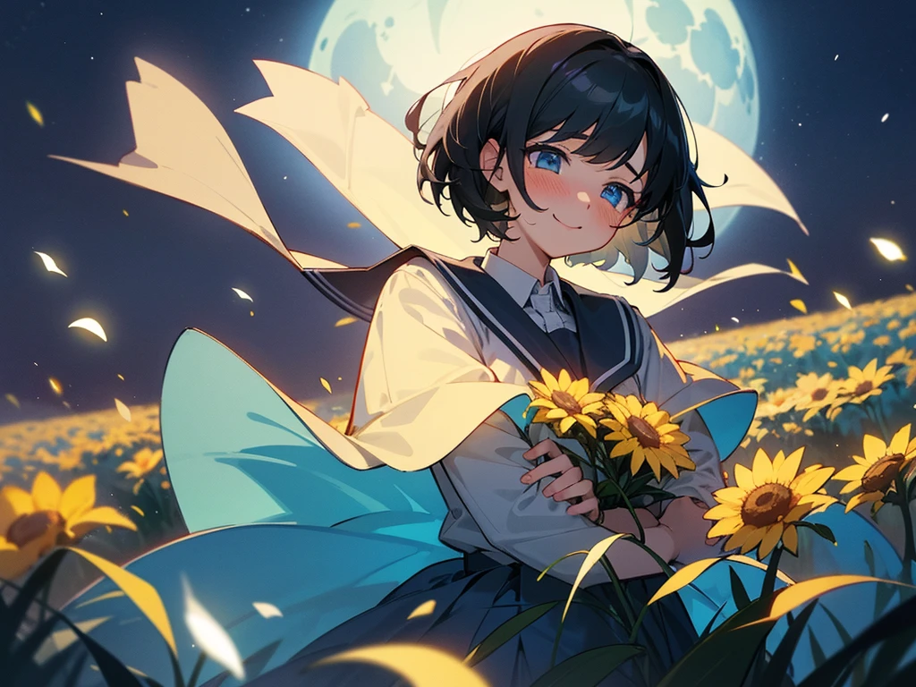 {1girl}, {solo}, young female, school uniform, best illustration, big smile,mouth open, {{{{best quality}}}}, black_hair, short_hair, {{{dynamic angle}}}, nighttime, {{{Bright blue moon}}}, school setting, blue_eyes, {{{{dynamic lighting}}}}, {{{{Blushing}}}}, field, flowers, fireflies, {{{tears of joy}}}, tears