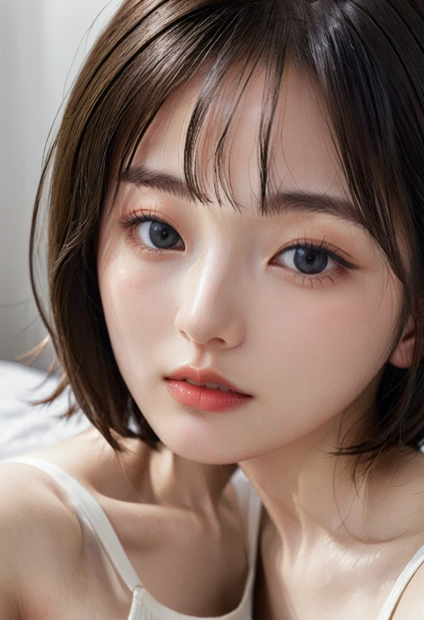 photorealistic, Photography ,BREAK woman taking a (selfie:1.8) , (short hair), (T-shirts), on the bed in simple bedroom , white background, BREAK, 8k , LAW , best-quality, masterpiece, hyper realistic detail shiny skin , natural shading , realistic shadow, BREAK (hyper realistic detail shiny skin, detailed skin, detailed hair, ultra sharpness, intricate details), perfect anatomy