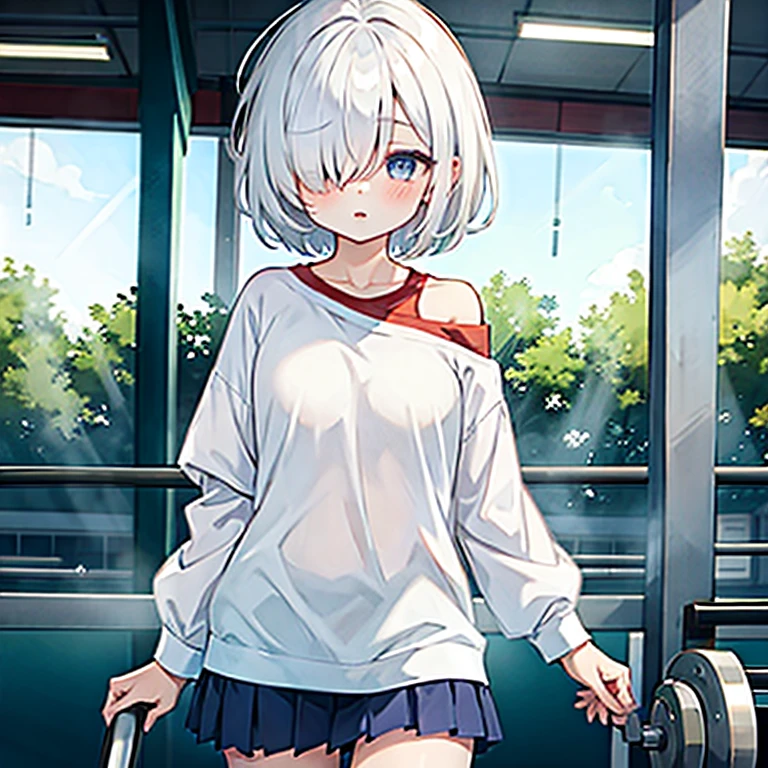 masterpiece, best quality, high resolution, absurdres,
hair over eyes, hair over one eye, oversized shirt, shirt, off shoulder, cute, skirt, gym, white hair, short hair , 1 girl