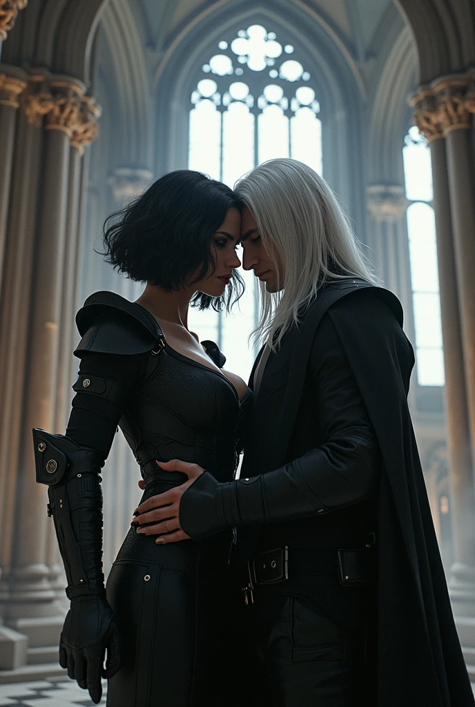 Let the image be from a video game.
Description: The protagonist looks distressed and is beautiful and curvy., short wavy hair with a futuristic look, He dresses in black and has a lot of style, She is white with black hair, She meets a medieval knight, very handsome, high, Athletic with very long straight platinum hair, which is also confused by the mixture of eras. Together, They find refuge in an ancient Gothic cathedral,  which is now full of modern technology.
Dialogue: "Although I come from a different time, It seems our missions are aligned."