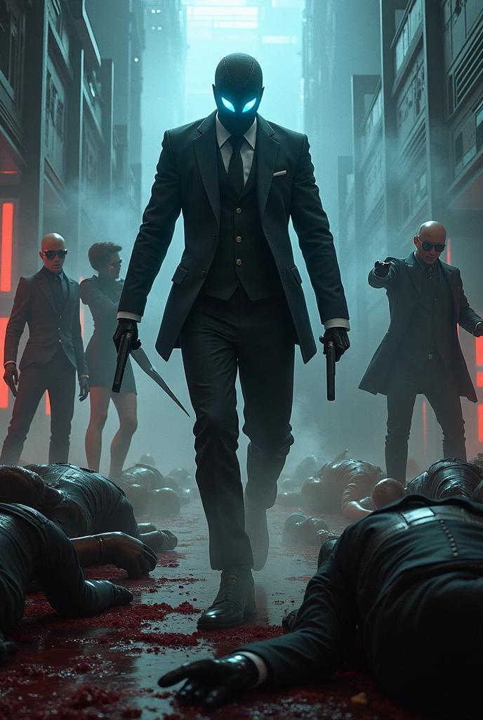 The man in suit with glowing like bulb blue eyes in mask killing spy girls and mans brutally with gun and sward, blood everywhere
Background is spy secret headquarters