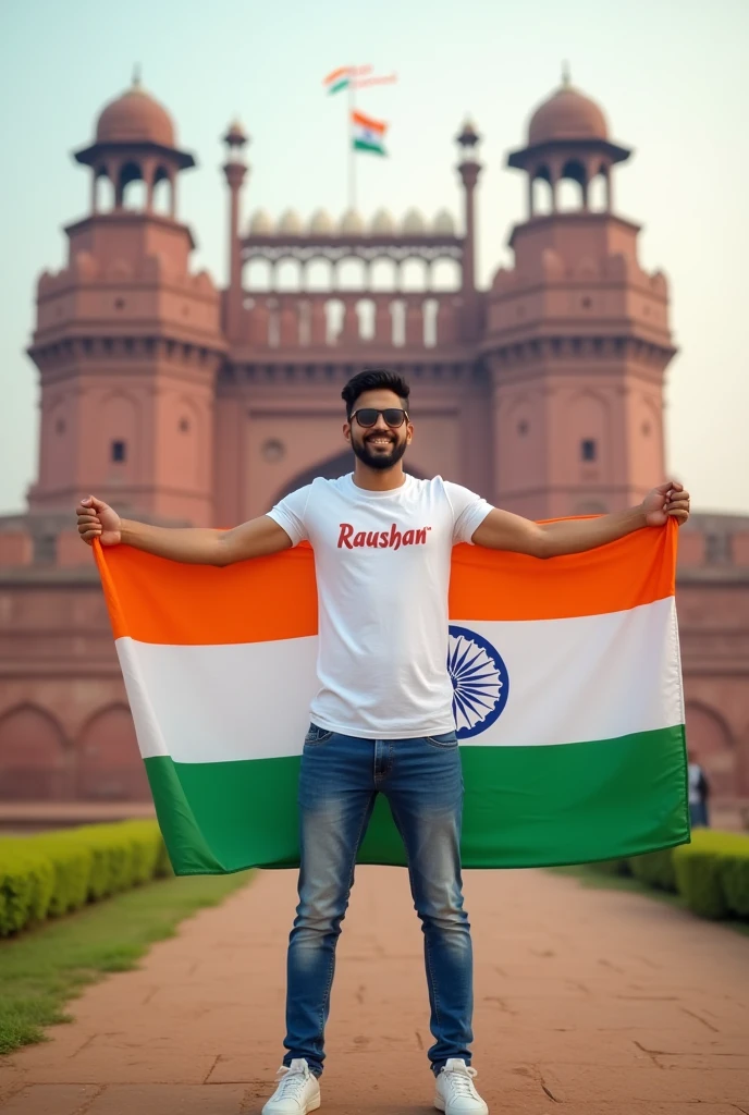 A 24 years old boy, wearing white T shirt blue jeans sneakers and the "Raushan" is written on his t-shirt and the boy is standing on the road with holding a national flag of India, and in front him is the Red Fort Delhi. And written on sky "Independence Day" create realistic image high quality