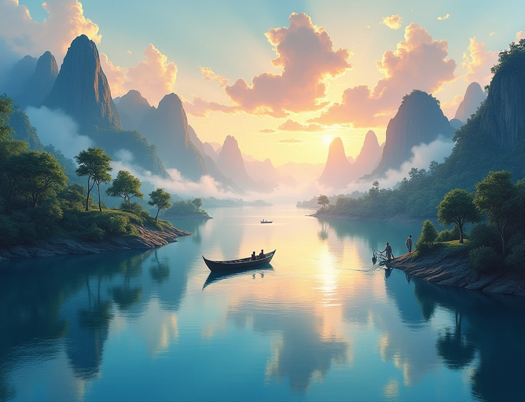(Best Quality, high resolucion, Masterpiece: 1.2), panoramic view, Fascinating paintings, exquisite brush strokes, calm river, Multicolored tranquil atmosphere, Silhouette of a fishing boat reflected in the water, Gentle morning light, Shining highlight accuracy: 0.7), beautiful scenery