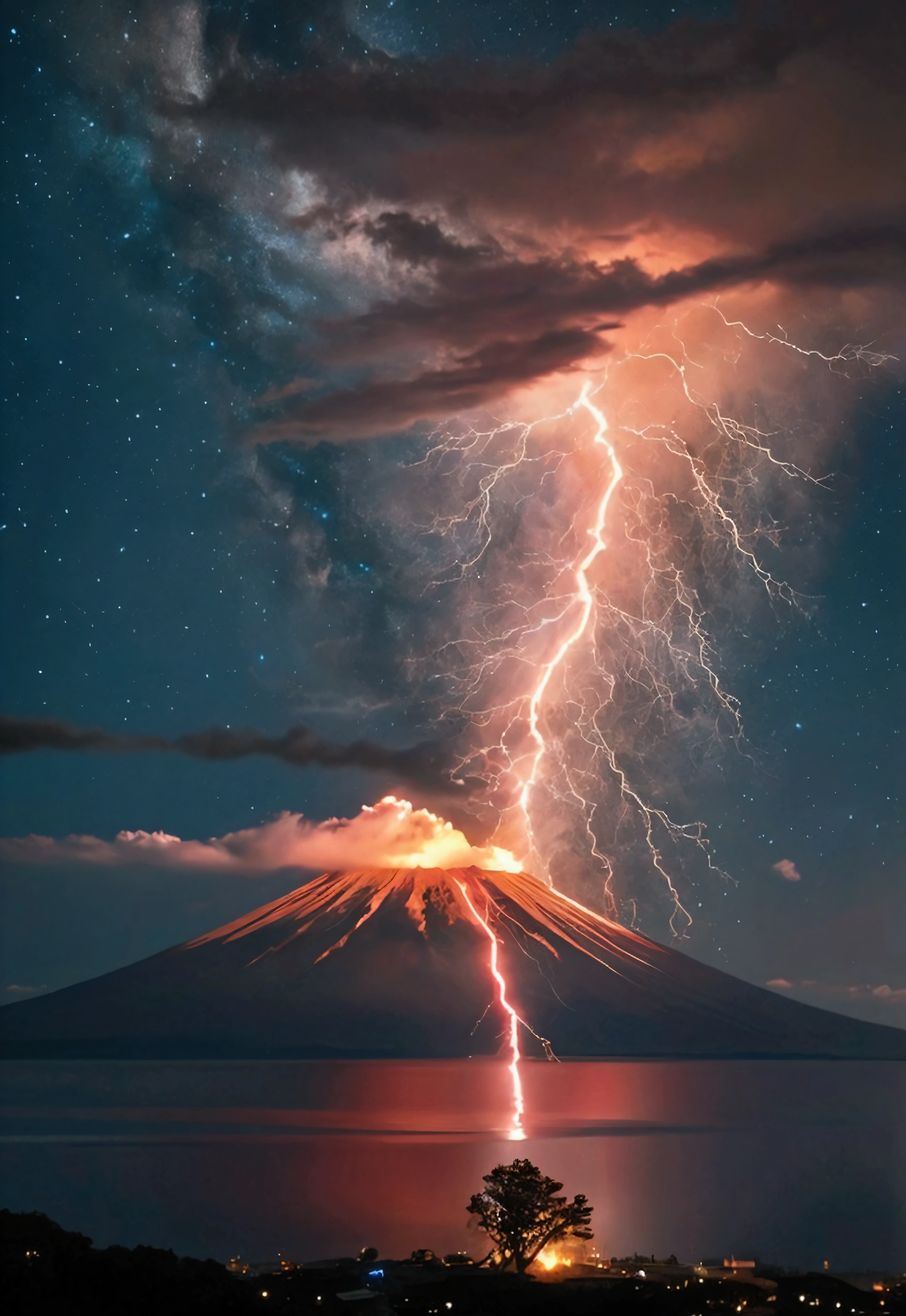 On the day of Earth's destruction, depict the last view of humanity. Show a breathtaking scene that is both beautiful and cruel, showcasing the wonders of nature. Capture the eruption of a volcano, accompanied by lightning strikes and a violent storm. In the backdrop, include the majestic Mount Fuji, while a shooting star streaks across the sky like a blazing fireball. Convey the sense of impending doom and the awe-inspiring power of nature in this final moment of human existence.