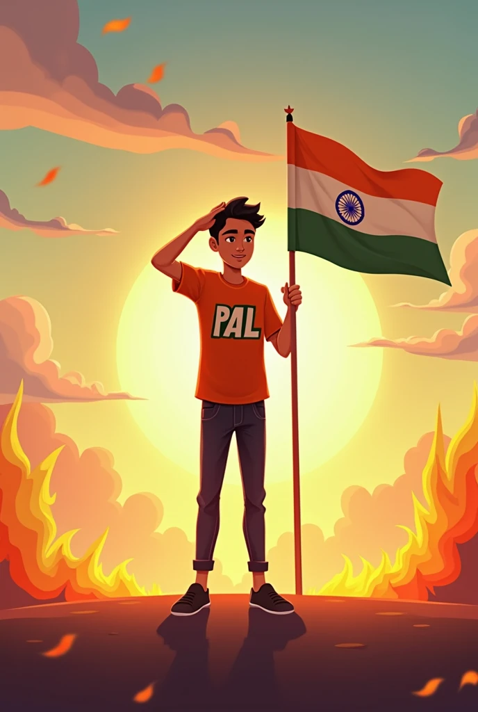 Men saluting the Indian flag from the , wearing 'PAL' t-shirts with 'P' in orange, 'A' in white, and 'L' in green. OnlyOne men . look like age 21 , cartoon this image flame 16:9