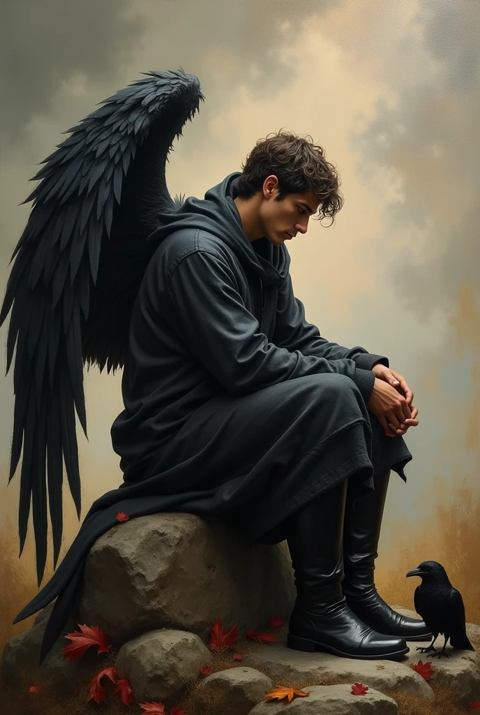 painting of a male angel sitting on a rock with a black bird, Oil canvas of Lucifer, Portrait of the Angel of Death, autumn angel, luis ricardo falero, angel looking at demon, dark angel, Angel in Hell, thanatos, Daniel, inspirado por Carl Heinrich Bloch, Angel with black wings, Nefilim, lucifer, por Roberto Ferri