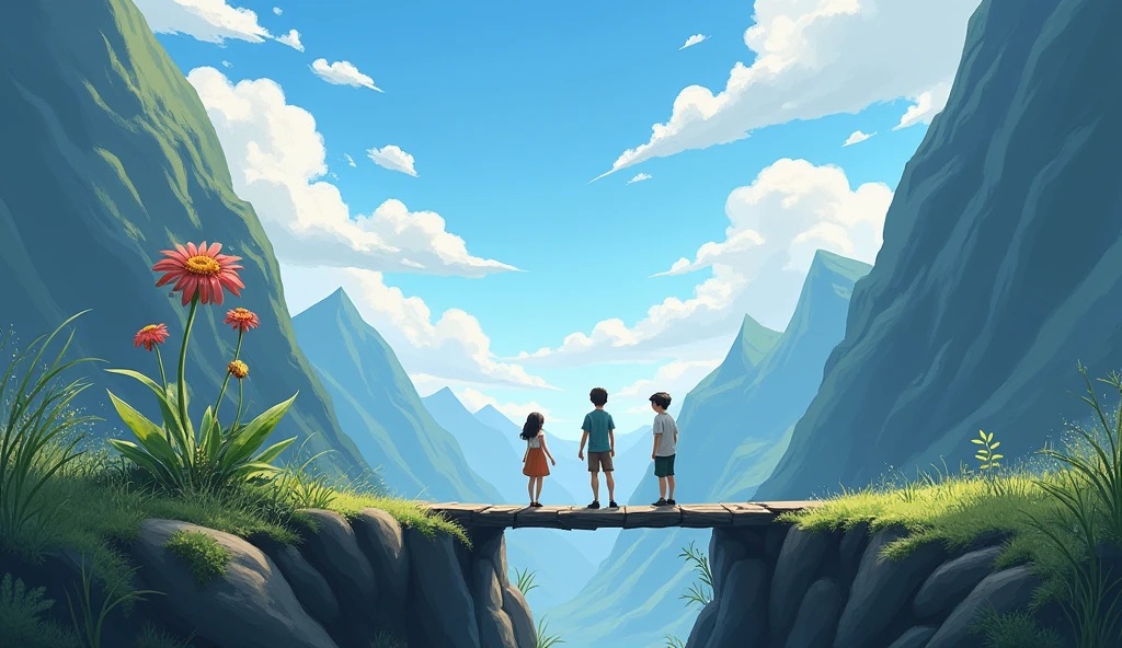 There are two mountains. Between the mountains there is a flower which is very dilapidated and there is a deep ditch under the bridge and three friends are standing on one side and among the three friends there are one girl and two boys.