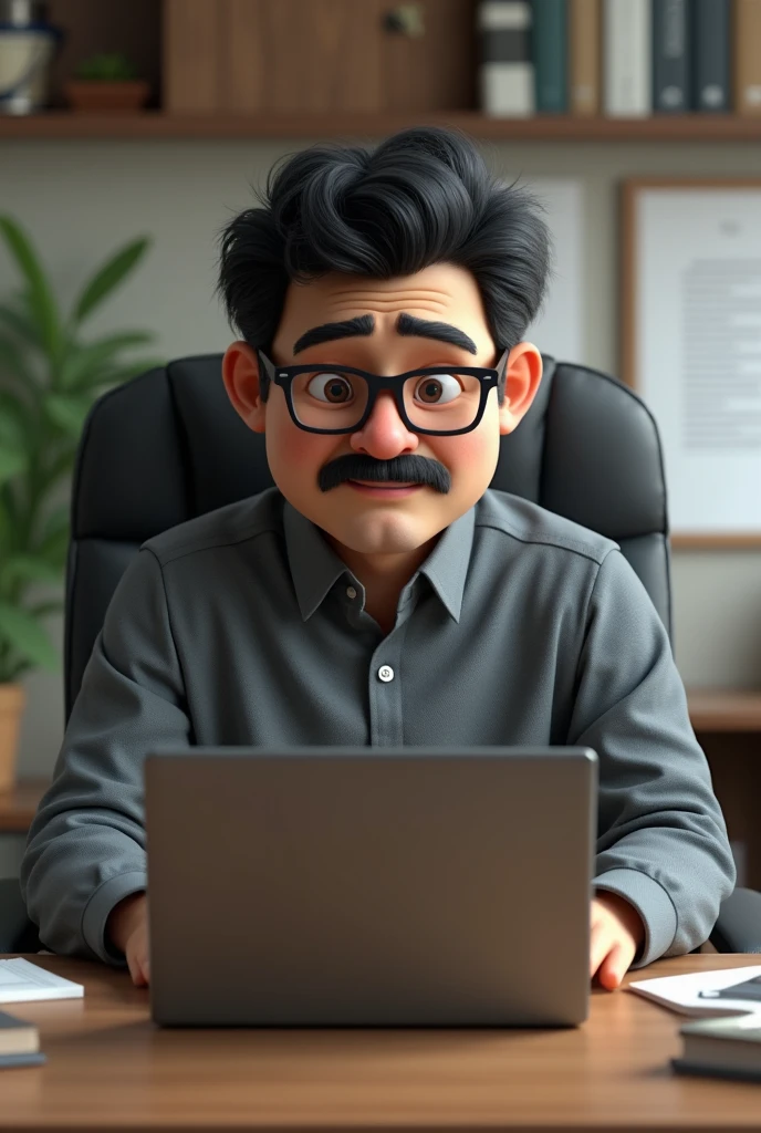 The brown guy sitting on office chair with rectangle specs and mustache also add little Curly black small hair with spike round face middle age with gray formal shirt working on laptop