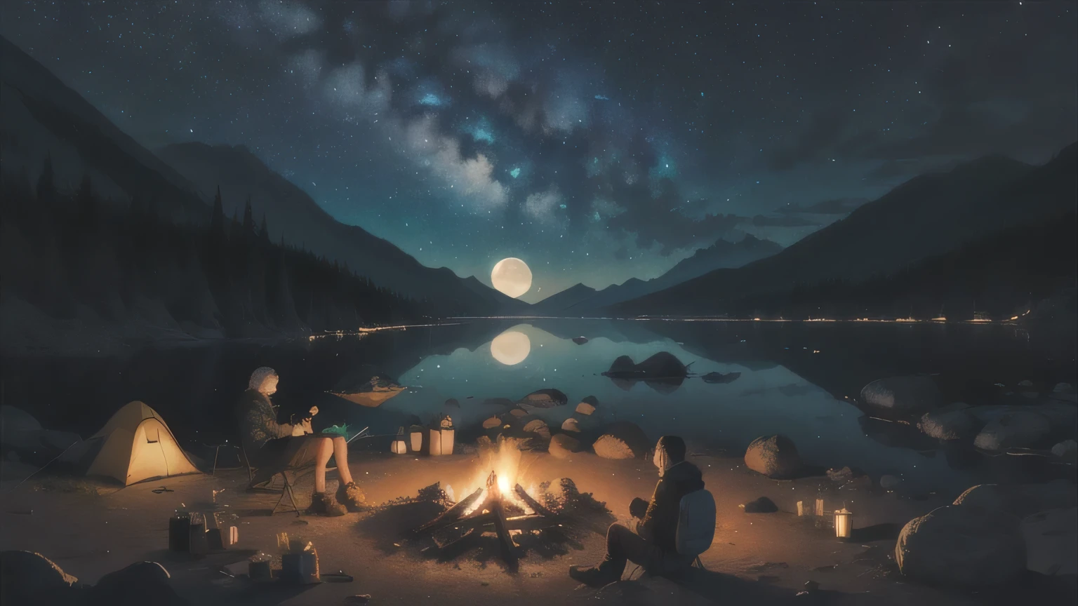 waterFarbe figure,masterpiece,Highest quality,detaileded background,ultra-detaileded,figure,One girl,alone,Outdoor,camp,night,Mountain々,nature,performer,moon,Bonfire,tent,Twin ponytail,Green Eyes,Hilarious,Happy,Backpack,sleeping bag,camp stove,Water bottle,Mountain boots,gloves,sweater,Have,flashLight,forest,rock,river,wood,cigarette,Shadows,contrast,sunny,constellation,Heavenly River,peaceful,Calm,quiet,quiet,remote,in the middle of nowhere,Adventurous,expedition,run away,independent,Survive,wit,Challenge,endure,fine,Endurance,observation,Intuition,Adaptability,creativity,imagine,Artistry,Inspiration,beauty,sense of awe,wonder,grateful,grateful,relaxation,fun,Rejuvenation,Mindfulness,consciousness,connection,Harmony,balance,texture,detailed,Realism,depth,perspective,composition,Farbe,Light,Shadow,reflection,refraction,tone,contrast,prospect,Middle Way,background,naturalistic,Figurative,Expressive,Impressionist,Expressionistic,Abstract,Innovative,experimental,Individuality,