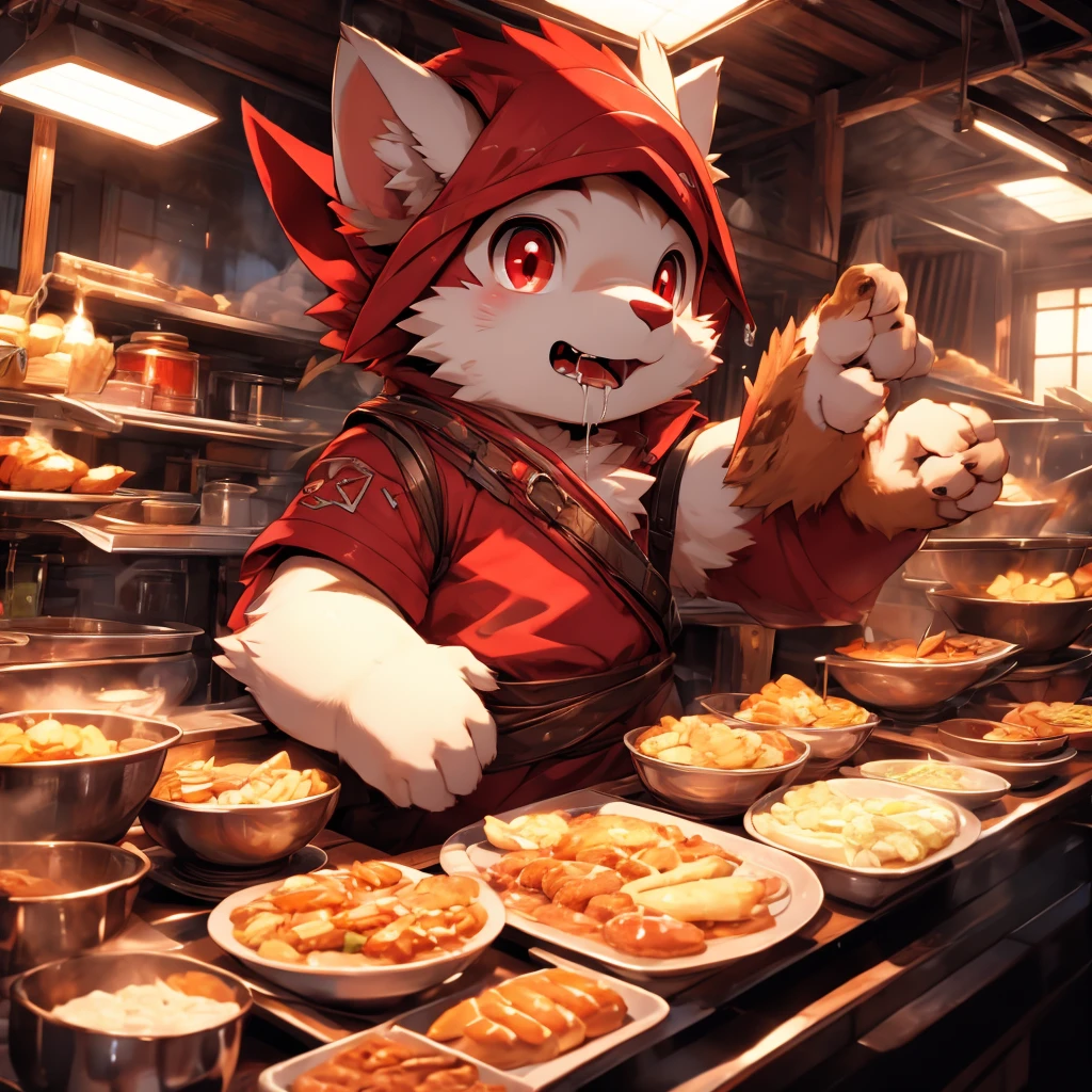 Super high resolution, detailed background, Kemoshota, red eyes, drooling, hungry