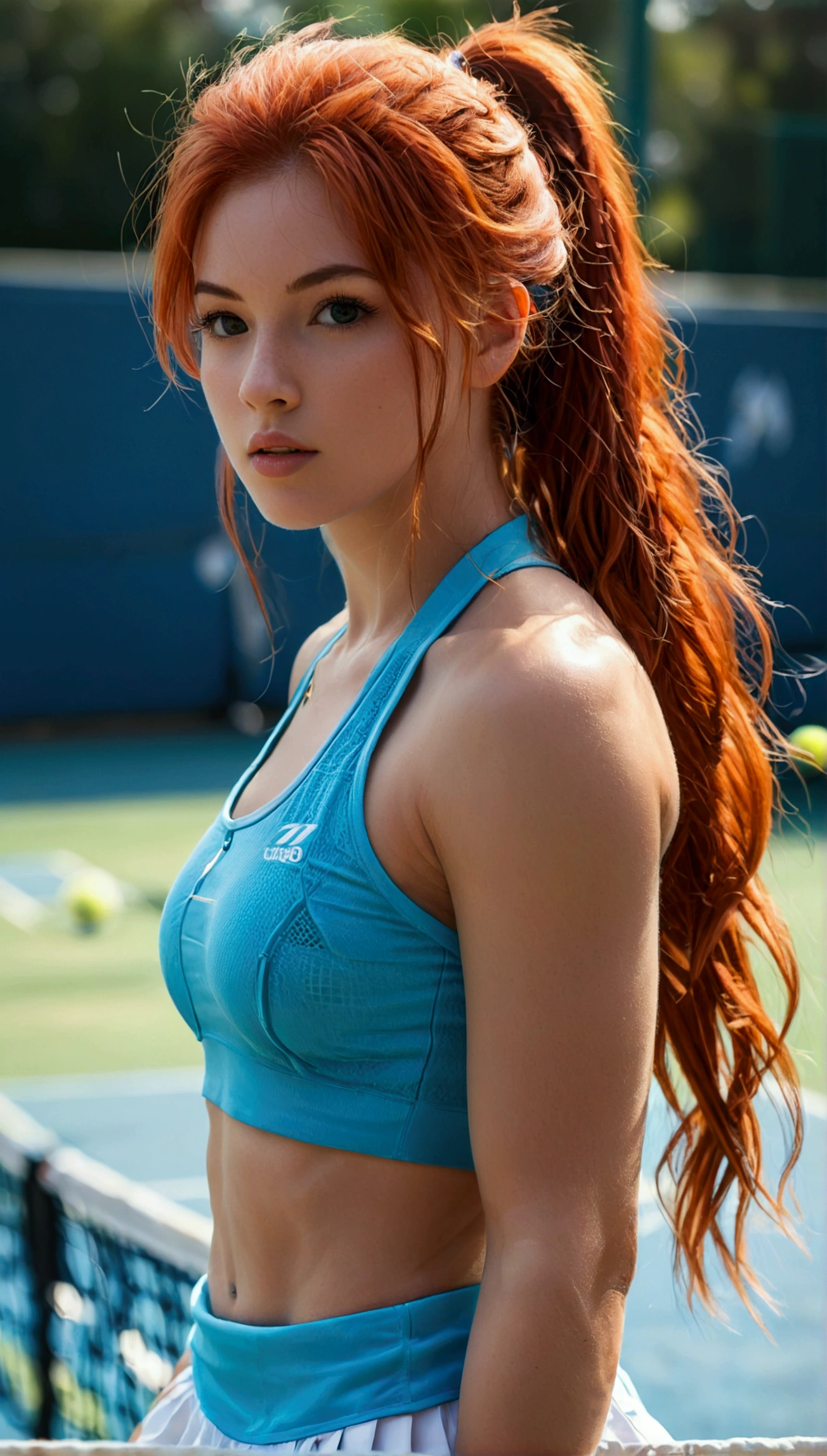 ultra realistic, photography, long red hair, girl, 24 years old, hourglass figure, perfect body, natural medium breasts, Flirty look, extremely detailed artgerm, in the style artgerm, facing the camera, lens 35 mm, blur background, professional 8k UHD photograph, v4 aperture, tennis player with hair in a ponytail, realistic, full body, fitness body, with a light blue top, with a light blue miniskirt, well marked abs, big and marked thighs, masterpiece, tennis court background, holding a tennisrack, great cleavage, long sexy legs, she is wearing tennis shoes