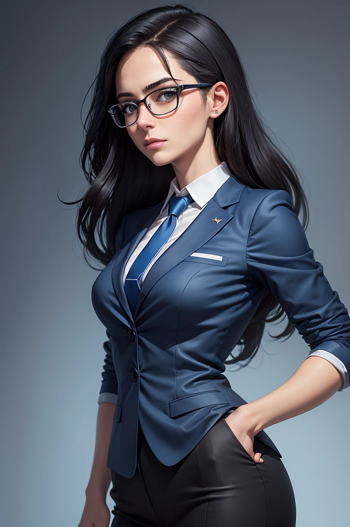 professional, glasses, a woman in a semi-realistic cartoon style, smart, cool, sharp look, confidence, wearing a blue Shirt, and a black office suit with a soft blue background. Portrait Picture, Top Quality, high detail, long hair, side face view. "using a white name tag writted "P.R.O.X.Y""