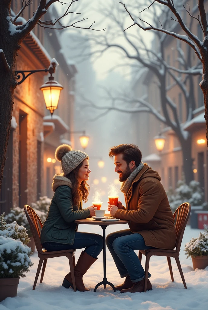 tea date of couple in a street in winters