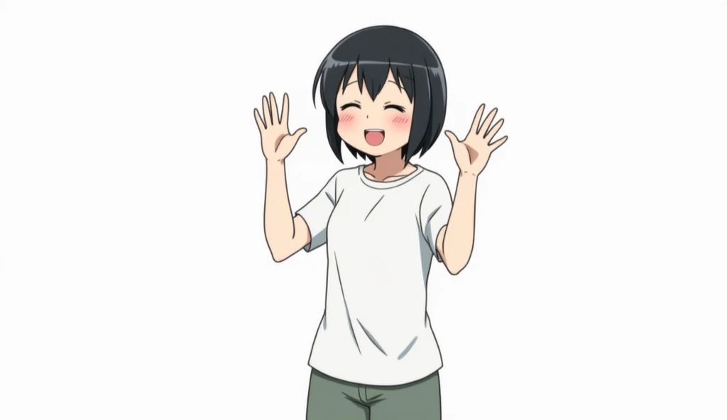 High resolution, One person, Heavy round bob,19 years old,White shirt,Shorts,Bluish black hair,smile, Open your mouth, Put your hands out in front of you,happiness/joy, Simple Background,Distant shots,whole body,Anime Style,