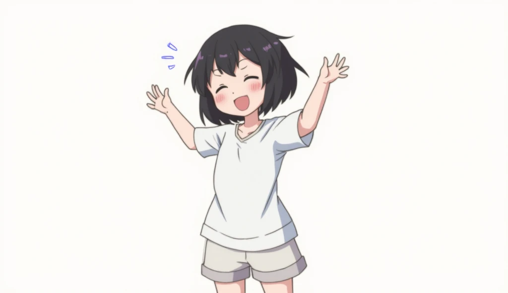 High resolution, One person, Heavy round bob,19 years old,White shirt,Shorts,Bluish black hair,smile, Open your mouth, Put your hands out in front of you,happiness/joy, Simple Background,Distant shots,whole body,Anime Style,