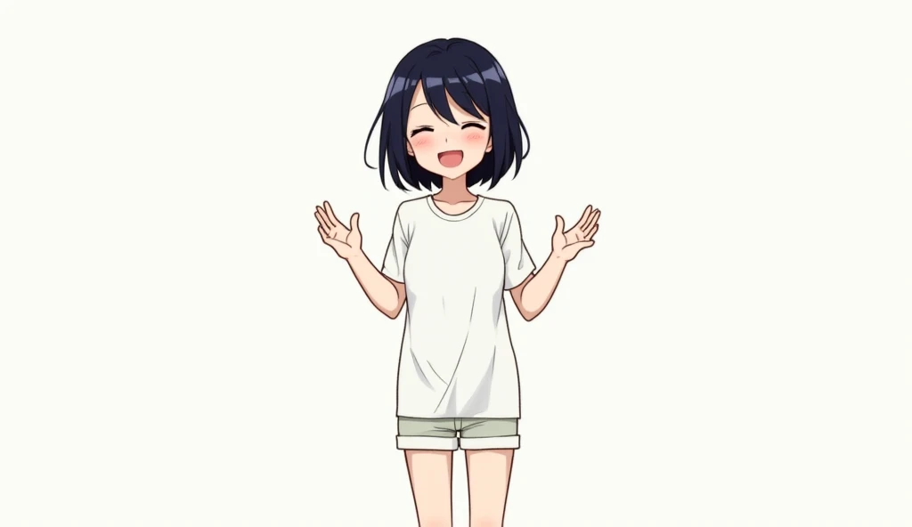 High resolution, One person, Heavy round bob,19 years old,White shirt,Shorts,Bluish black hair,smile, Open your mouth, Put your hands out in front of you,happiness/joy, Simple Background,Distant shots,whole body,Anime Style, 