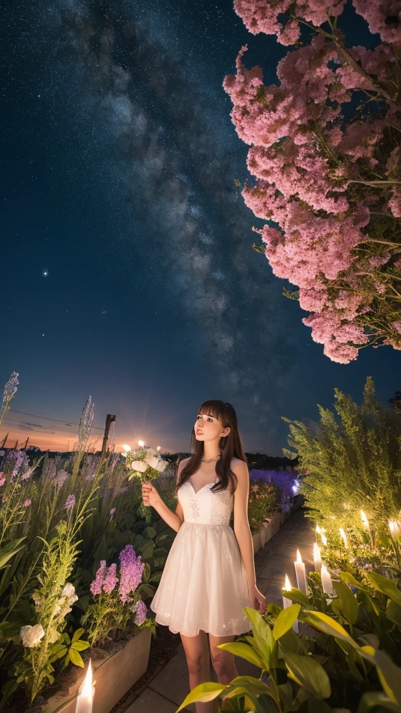 Highest quality, expensive_solve, clear_image, Detailed Background, girl, flower, garden, Starry Sky,night