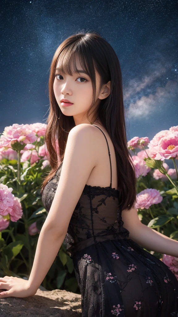 Highest quality, expensive_solve, clear_image, Detailed Background, girl, flower, garden, Starry Sky,night