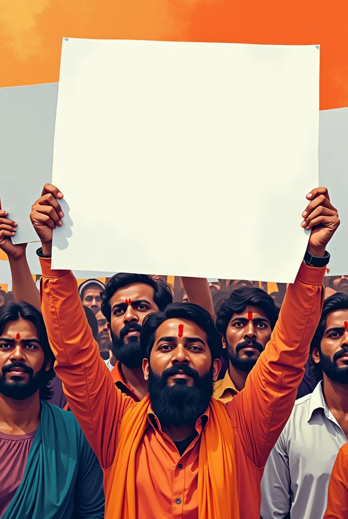 Create a poster of a hindu people holding plain white posters. Their expression should be like a protest. And there should be 3 posters