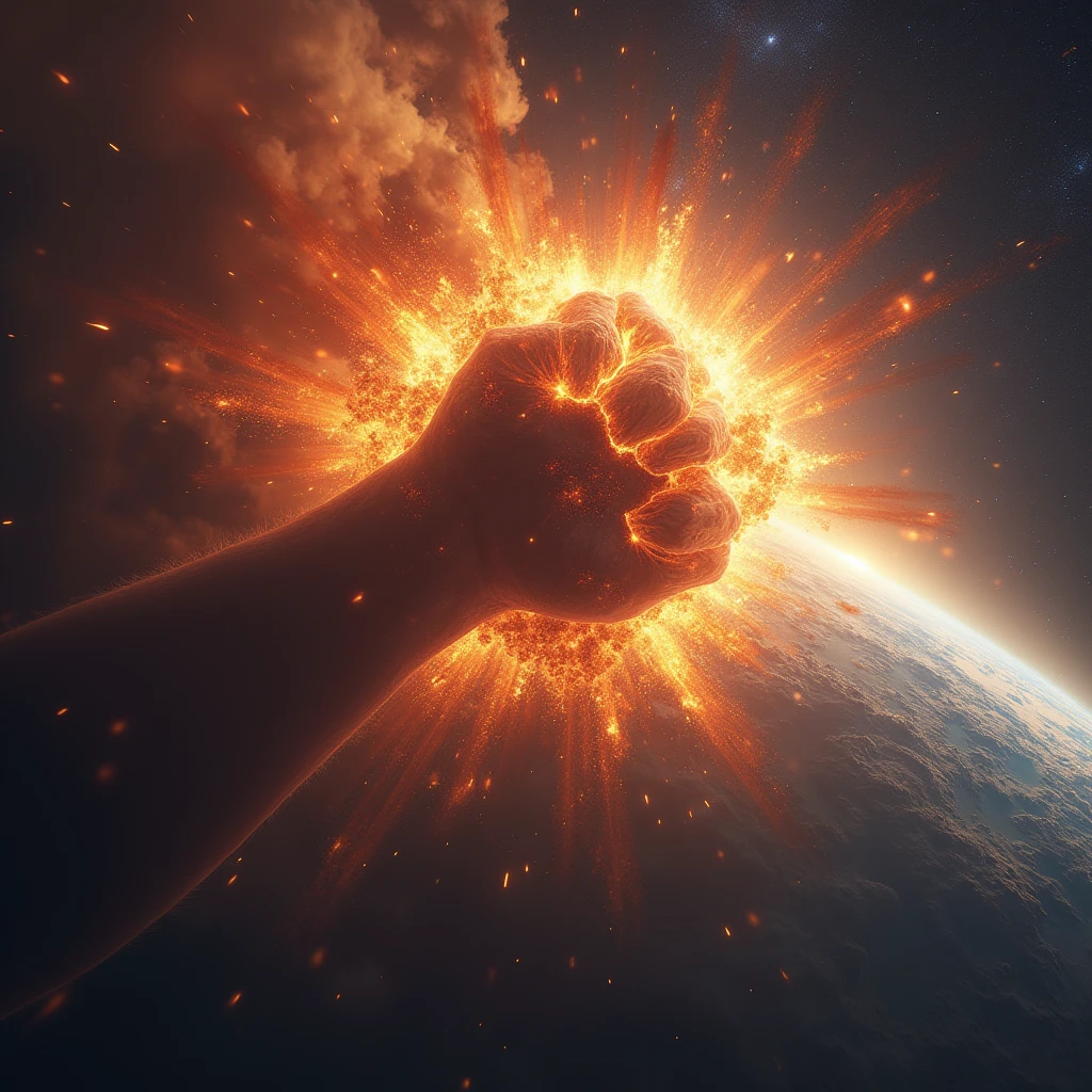 gigantic GOD's fist, punch from space to the earth, crush the earth, judgement day,