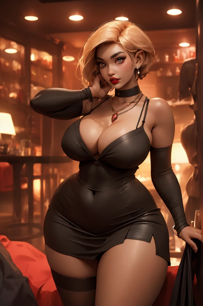 Succubus girl, irredesent skin. very short hairstyle. huge breasts.  massive hips. choker. mini dress. irredesent eyes. red lips