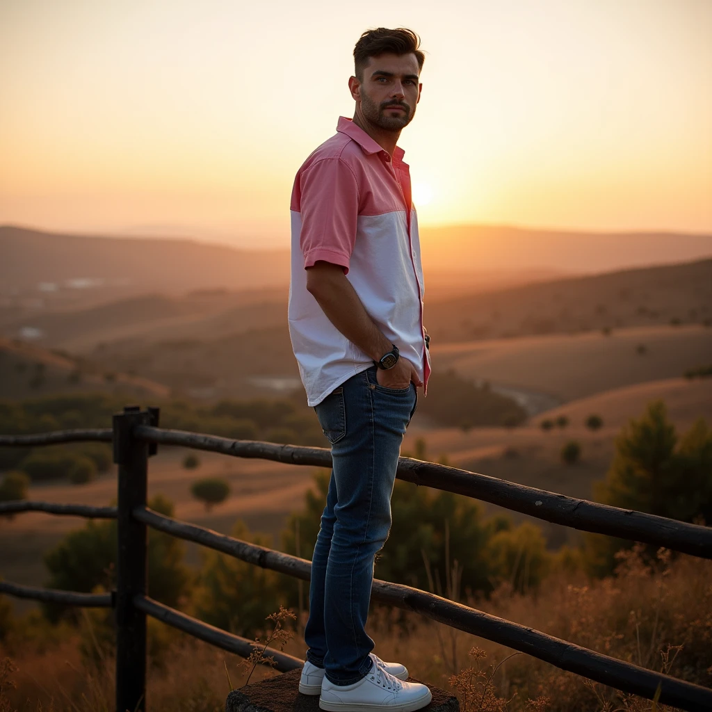 makes image of a white man, at 33 years old, com cabelo escuro, blue colored eyes, wearing white and pink shirt, jeans, tennis, at sunrise on top of a fence in the Alentejo