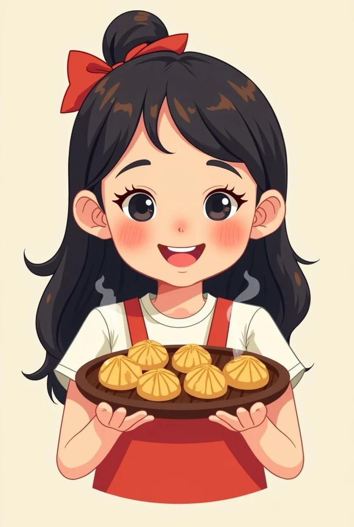 a logo with girl holding a grilled siomai