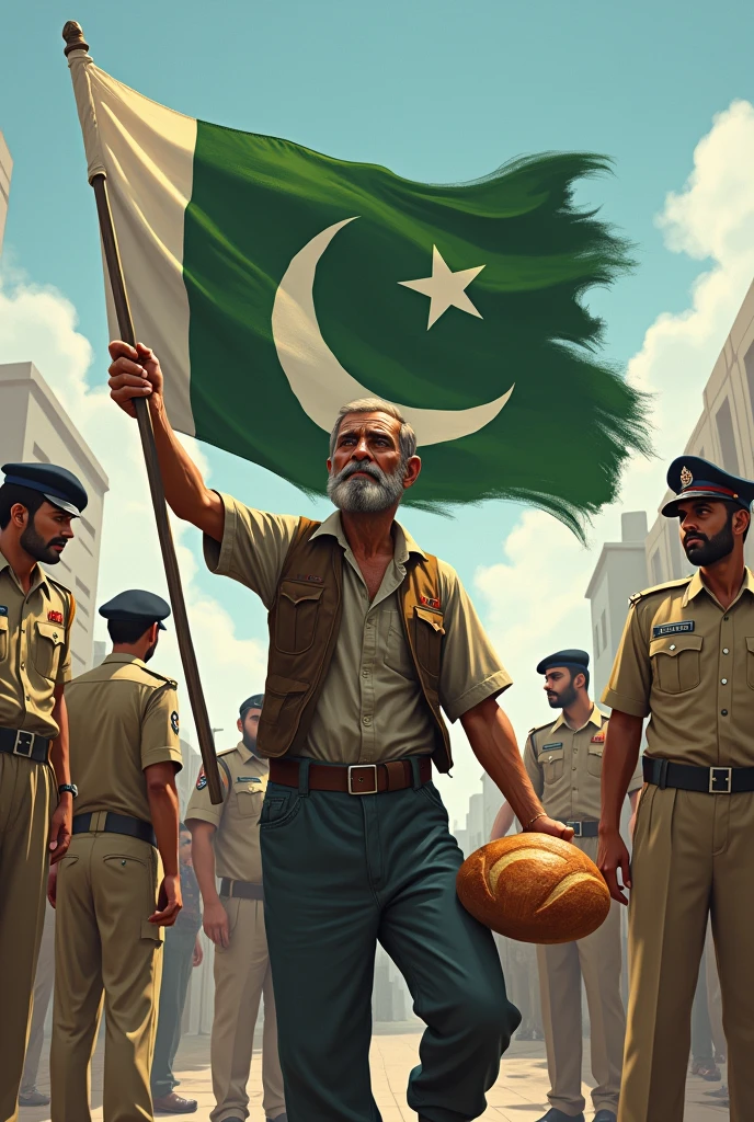 Describe the independence of a labour person which has a Pakistani flag in one hand and other hand with bread and he celebrating independence day of Pakistan and other authority police and Wapda are laughing on the labour person