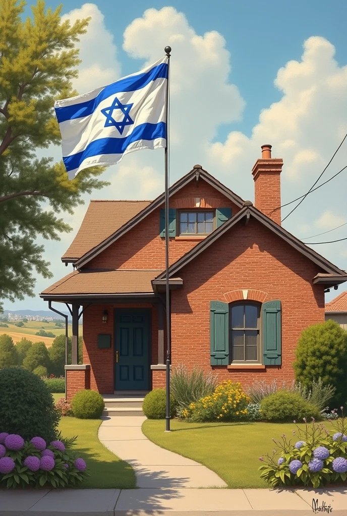 Painting of a brick house with Israel flag
