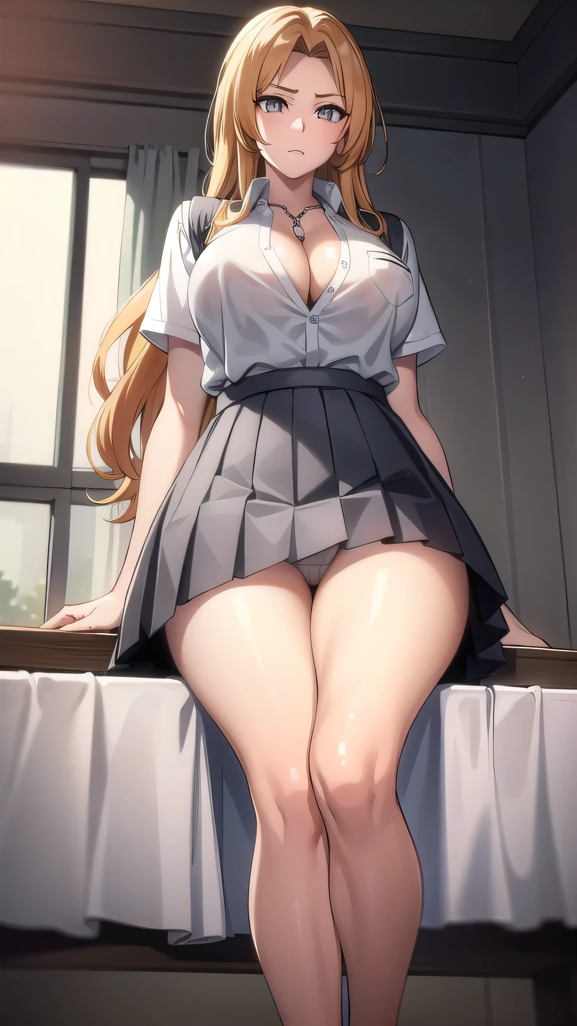 BREAK looking at viewer, BREAK (masterpiece:1.2), best quality, high resolution, unity 8k wallpaper, (illustration:0.8), (beautiful detailed eyes:1.6), extremely detailed face, perfect lighting, extremely detailed CG, (perfect hands, perfect anatomy),school,desk,tables,windows,soft light,rangiku matsumoto, long hair, (grey eyes:1.5), orange hair, mole, mole under mouth, parted bangs,skirt, shirt, cleavage, jewelry, school uniform, pleated skirt, necklace, chain, collar, short sleeves, grey skirt, white shirt,in middle,nipples see through,wet uniform,upskirt,showing panties,lace panties,wet panties,camel toe,sitting on table,showing legs,showing feets,from below.