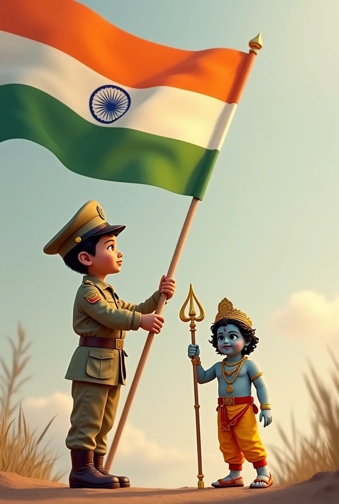 There should be a small Indian Army child and with him a small Lord Krishna and the Indian tricolour in his hand.