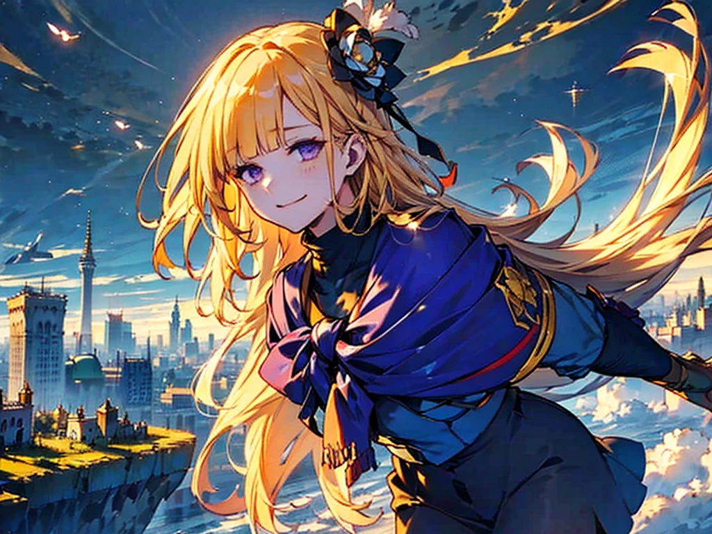 Golden Hair, Purple Eyes, A huge city in the sky, A town above the clouds, A floating school city, you can see the horizon, There is a city below,1people,score_9, score_8_Excellent, score_7_Excellent, score_6_Excellent, score_5_Excellent, masterpiece