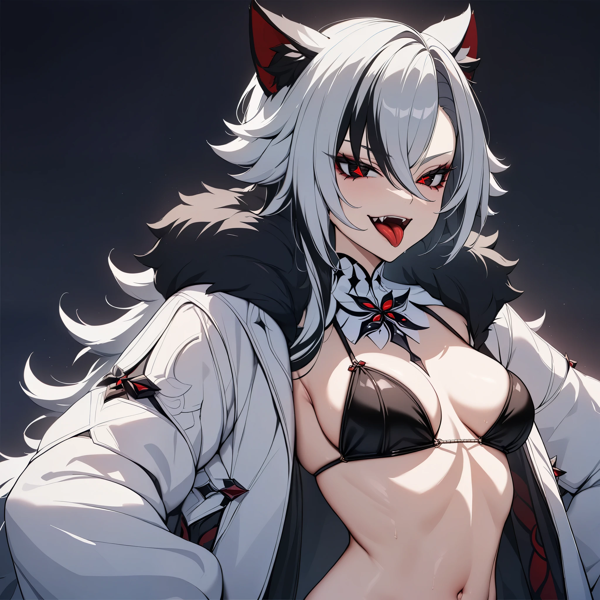 (junkotvvxl), (masterpiece), best quality, expressive eyes, perfect face, (Arlecchino 'Genshin Impact'), long hair, gradient background, dark background, fit, evil smile, open mouth, tongue, upper body, fluffy jacket, bikini top only, navel, (contrapposto, sexy pose), red eyes, neko ears, neko girl, flequillo, cabello negro,