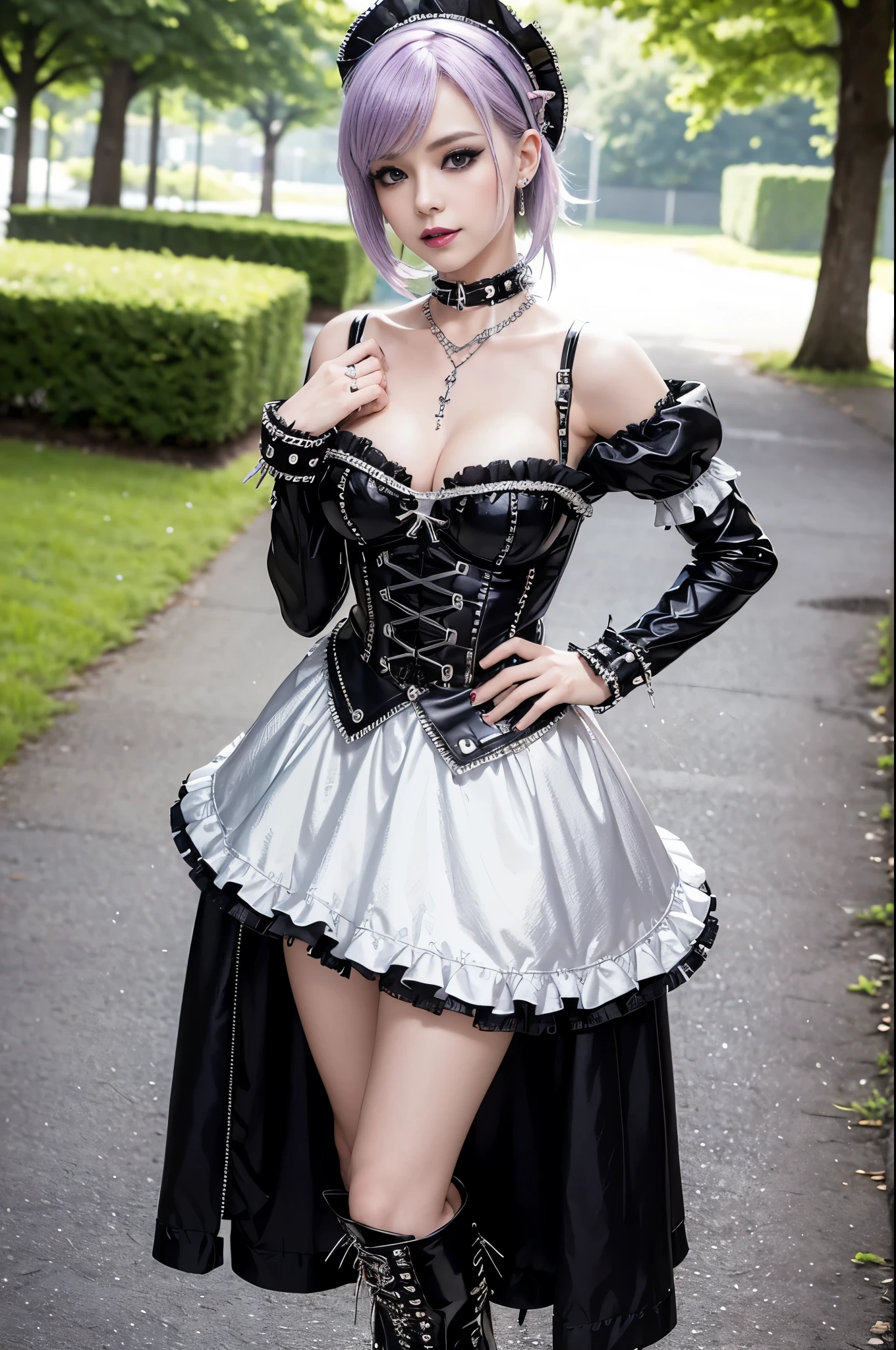 (nsfw), sexy stylish Swedish model, only 1 female, ((doll-like appearance)), short purple stylish hair, ((shiny Punk-Style boots)), (big smile), ultra detailed eyes, Punk makeup, lipgloss, ((sexy Punk ta cosplay)), unconventional skirt, petticoats, high neckline, ((ultra detailed lace)), ((ultra detailed embroidery)), intricate details, tartan patterns, (silver chains), (silver spikes), (safety pins), Punk Loliccessoires, Punk Lolita cr, ((large sparkling Punk Lolita jewel, cinematic light, detailed large park background with trees
