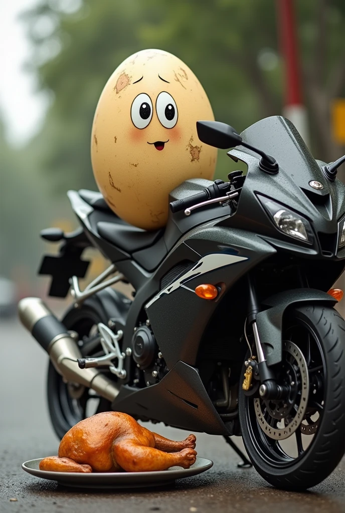Willy the egg with scratches lying on the side of a motorcycle (Yamaha r15) with a roast chicken thrown in too
