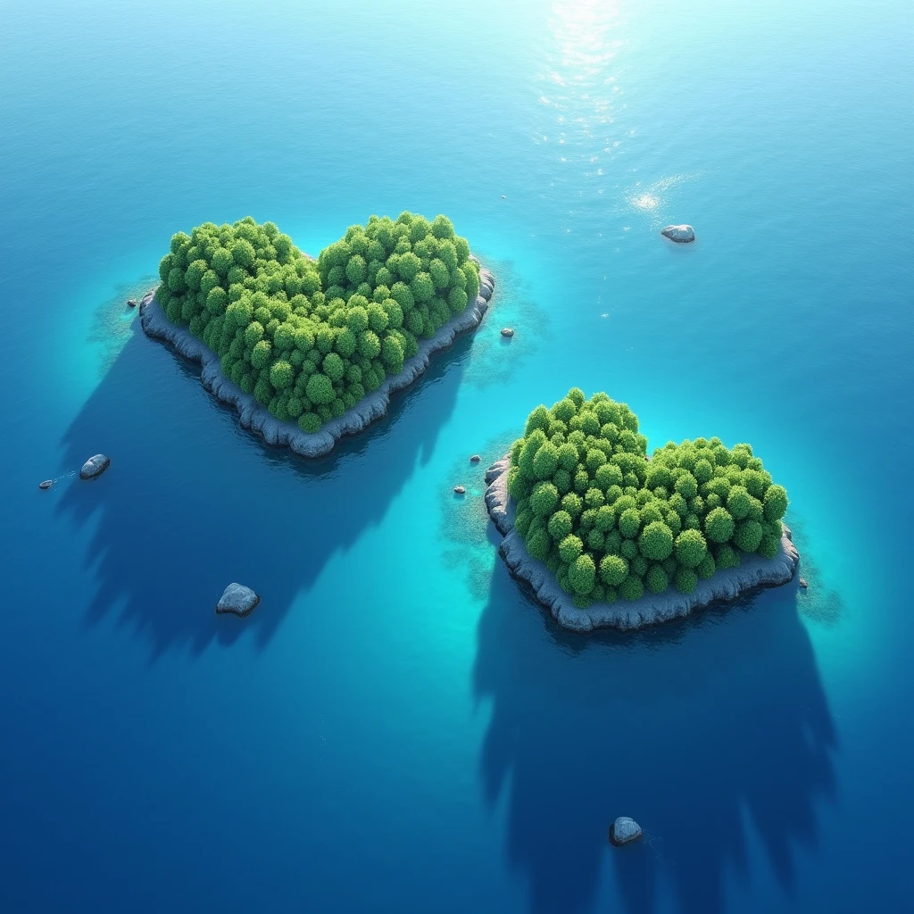 ２Two heart-shaped islands floating on the blue sea。