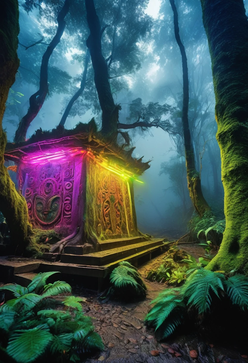 A high-resolution brightly lit photorealistic photograph of an ancient rain forest with criptic symbols of tribals and alienish paterns on the tree trunks glowing in uv colours  smog and misty fog in the atmosphere broken ruins of ancient goddess skulptor glowing in uv colours  The photograph is styled like a high-end lifestle magazine. The photograph has a light bright happy feel. Use a high-resolution 16k camera with a 2:3 aspect ratio, a raw style, and a quality setting of 2 to capture this vibrant scene
. 32k, full ultra hd, high resolution, photorealistic, natural lighting, ultra realistic photo, high quality, HDR, high resolution, smooth and delicate skin, noble and elegant, ultra-realistic photography vibe, shot with Canon camera, intricate details, 32k --ar 16:9 --s 750 --v 6.1

