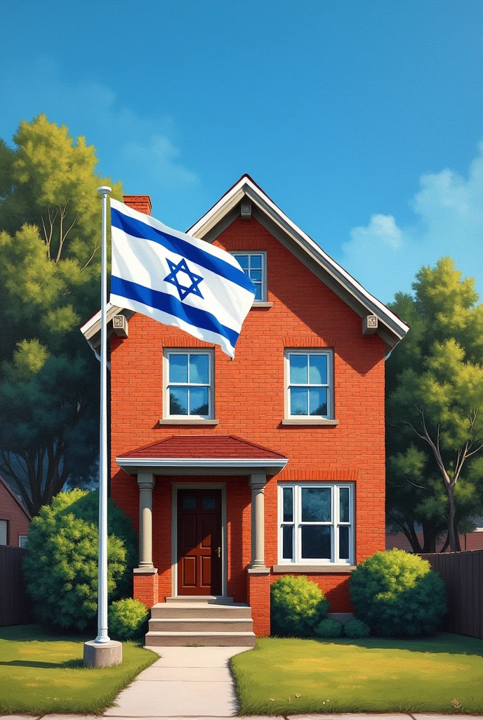 Painting of a brick house with Israel flag