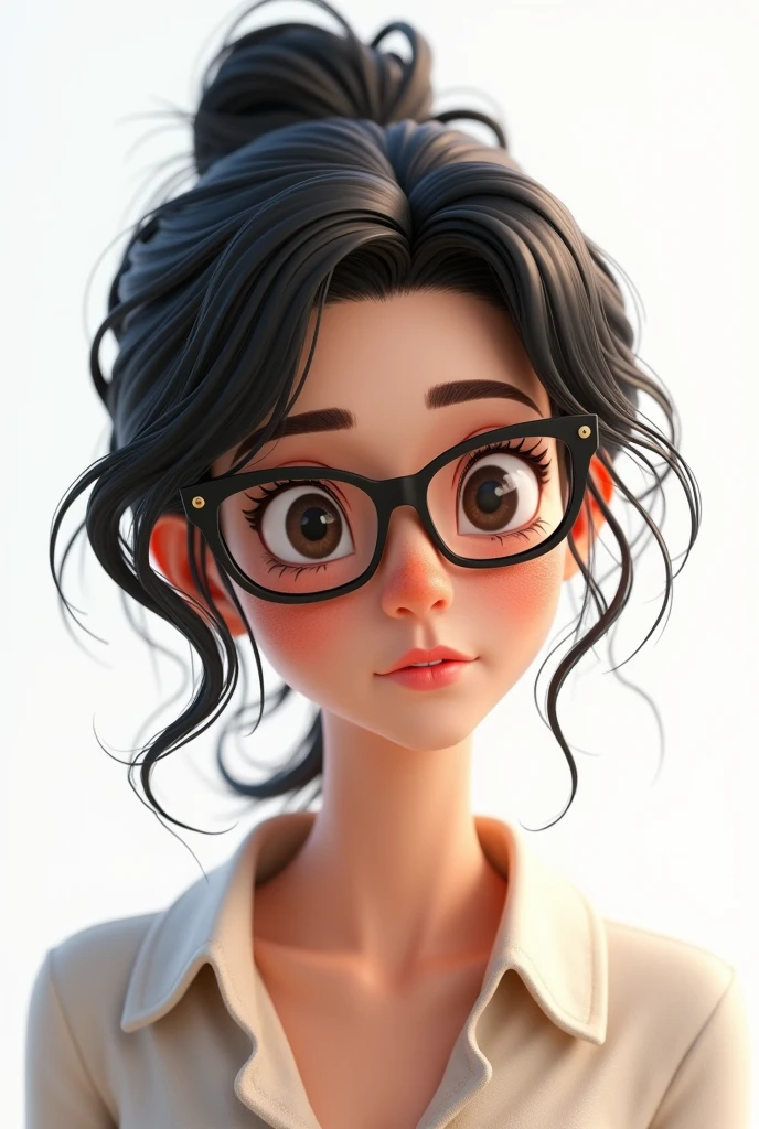 Create a female character, with black hair, slightly pointed top glasses on each lens, thin chin, rosto redondo com thin chin, hair stuck, aged 45, fine nose, totally white background, Disney  style, 3D style, non-anime style, small mouth
