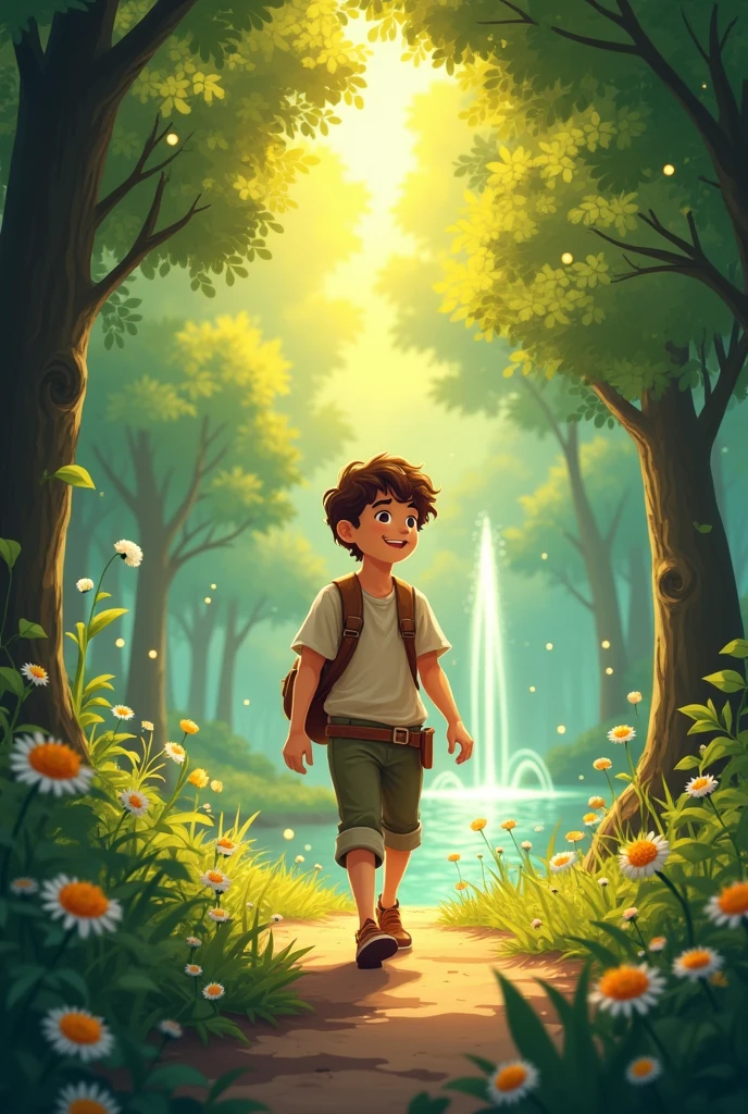Illustration 3: Leo walking back through the woods, with a smile on your face. The sunlight illuminates your path, and the magic fountain is left behind, still shining through the trees.
