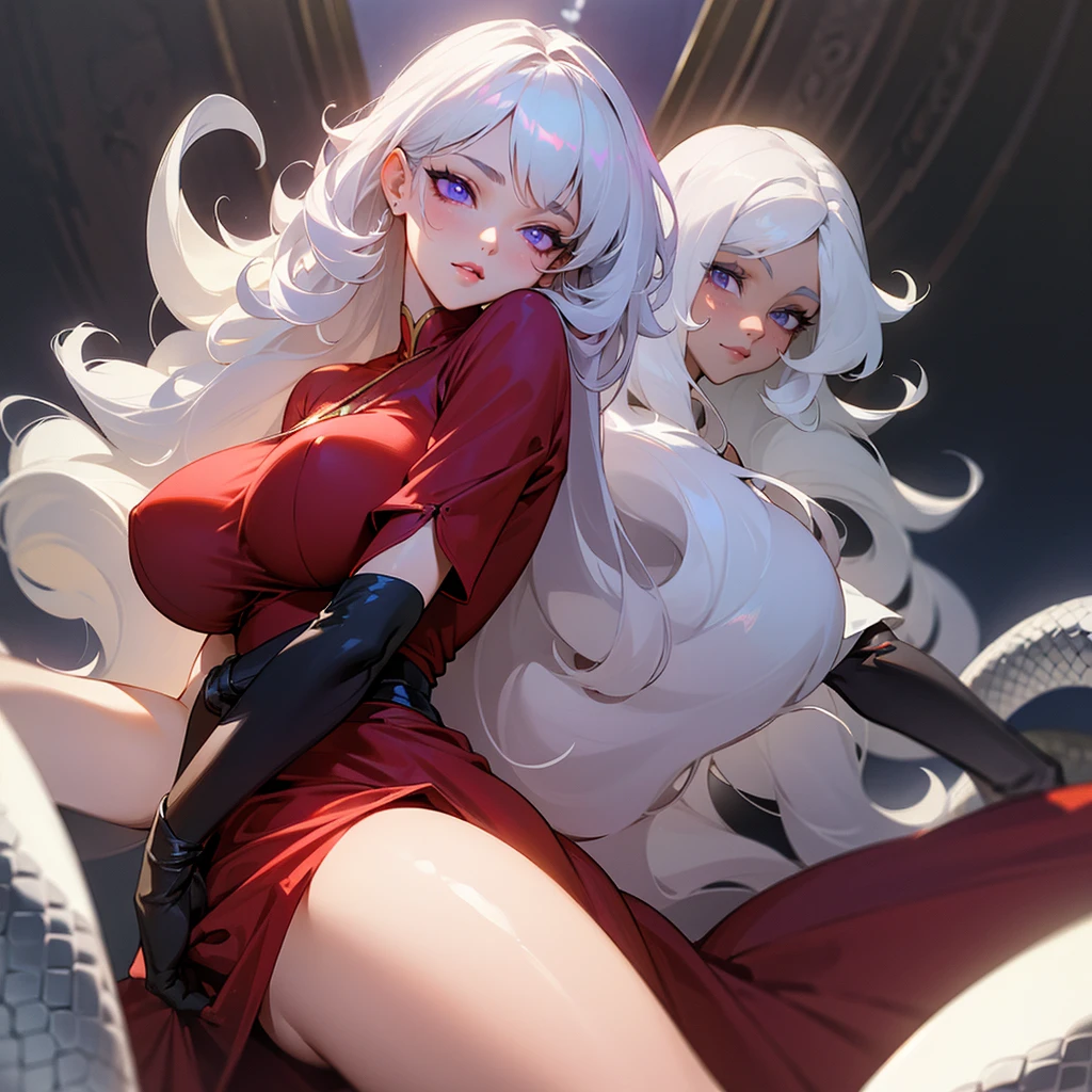 ((ultra quality)), ((masterpiece)), ((Angelic beauty woman)), ((long white curly hair)), ((White hair)), ((fluffy white hair)), ((curly hair)),  (beautiful face), (beautiful female lips), Enchanting ((Seductive facial expression)), looks at the camera with a slight smile, (White skin color), (White skin), glow on the body, ((detailed eyes)), ((Next to a huge black snake)), ((violet eyes)), (juicy female lips), (dark eyeliner), (beautiful female hands), ((thick body)), ideal female body, ((Red dress)), beautiful waist, beautiful big hips, big breasts, thick thighs, ((threatening and beautiful)) (), ((depth of field)), ((high quality clear image)), (delete details), ((High detail)), ((clear focus))