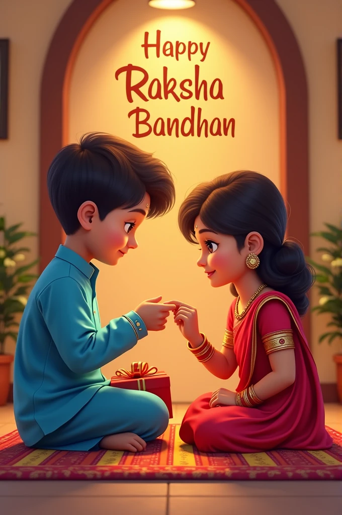 A real 20 year old Cute boy and girl are sitting face to face on a colorful mat in the home lobby, the boy has extended one of his hands forward, And Girl tying Rakhi on brother's hand. boy is wearing a Blue colored kurta And the girl is wearing a Red Lahenga, boy has a gift box in his other hand, is smiling, boy has applied tilak on his forehead, and on the wall in bold letters "HAPPY RAKSHA BANDHAN" "Harish & Nisha" It is written, 4k image