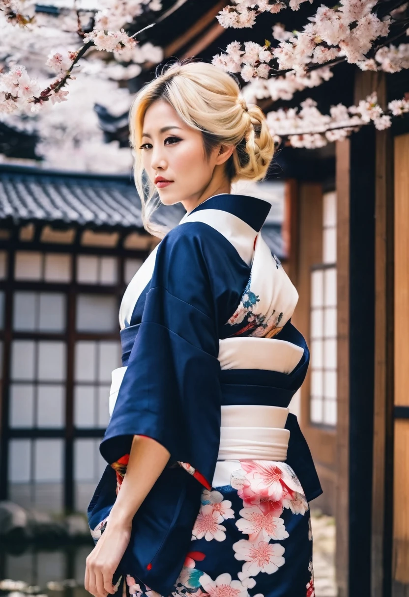 Navy Blue kimono👘 Floral pattern Blonde Beauty woman
Europe White cherry blossoms wood 20th Generation Japanese style building
