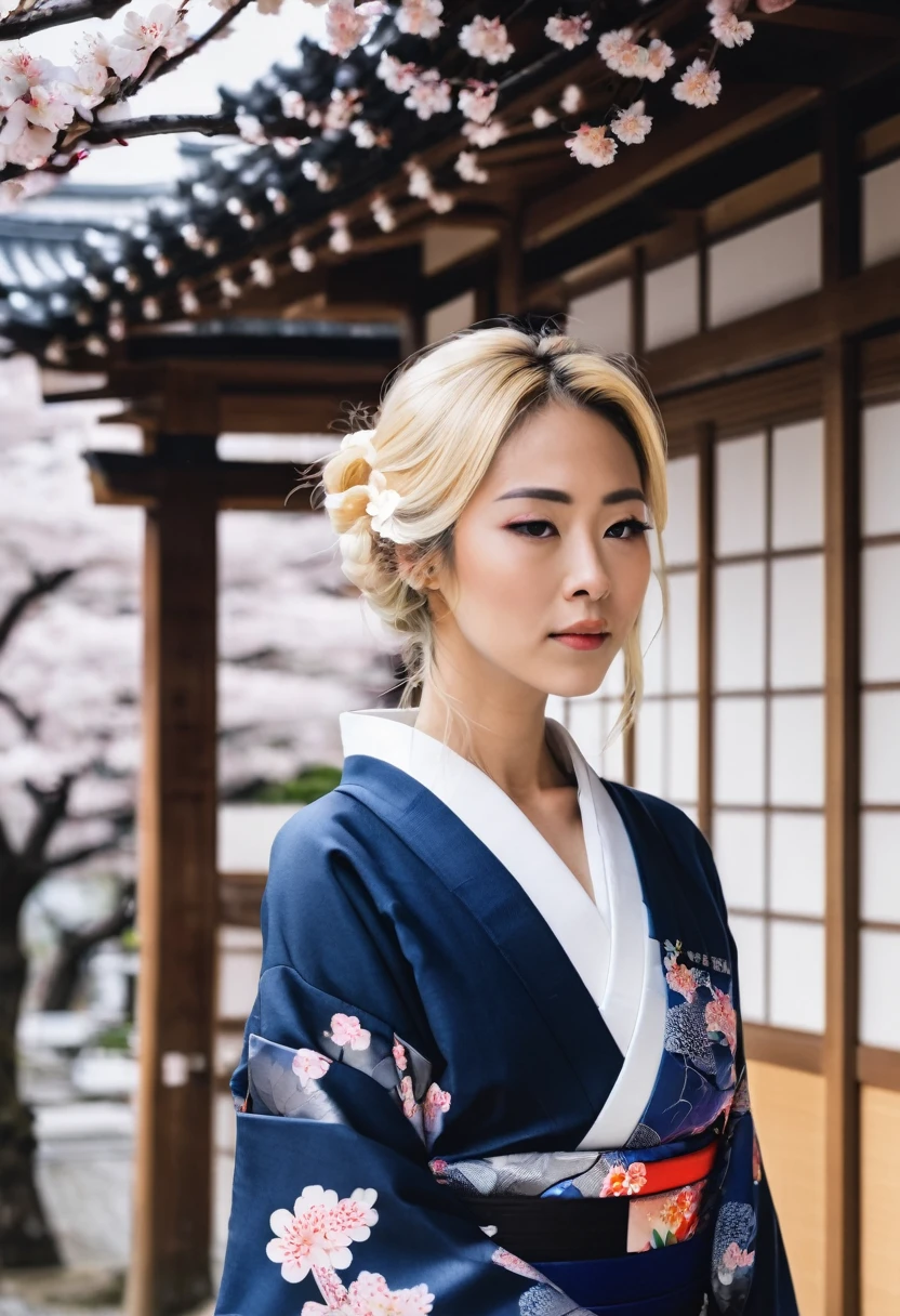 Navy Blue kimono👘 Floral pattern Blonde Beauty woman
Europe White cherry blossoms wood 20th Generation Japanese style building