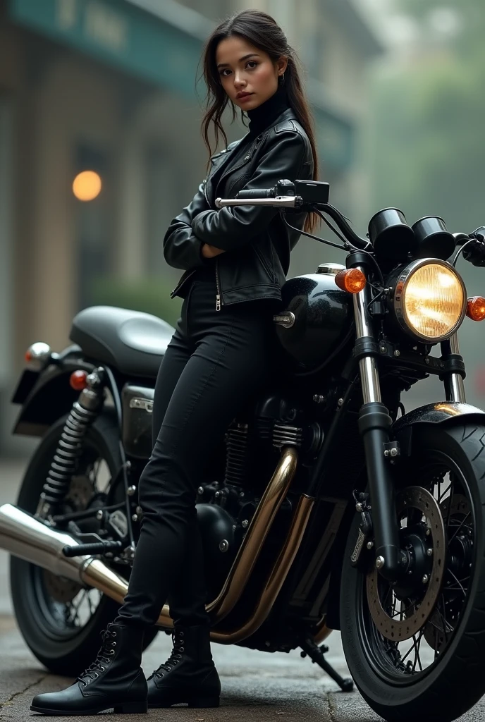 A strong girl . He has achieved his dreams and stands on his own two feet. . A girl in cool black leaning on a motorcycle