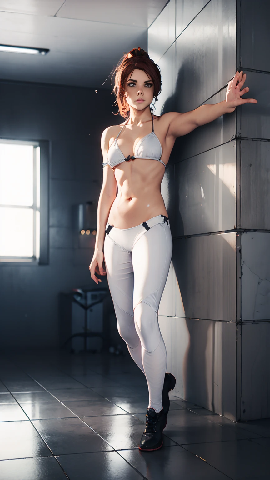 A beautiful girl with medium red hair in a low loose ponytail, Jesse Faden from the video game "Control", BREAK: arms behind her head, head tilted away from the camera shyly, leaning against a wall with one leg bent, placing her foot on the wall, BREAK: wearing a crimson red slingshot bikini, BREAK: dishevelled abandoned office interior with white walls, atmospheric lighting, moody lighting, highly detailed, photorealistic, 8k, best quality, masterpiece