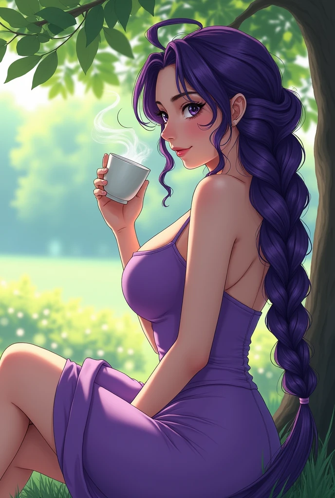 Young woman, Twenty years old, Long purple braided hair, Beautiful face, Wearing a purple dress, Big breasts, Thin waist, Big butt, Sitting and sipping tea under the tree, Manga drawing style 2.5D