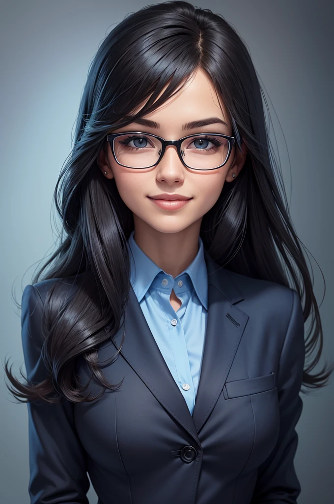 professional, glasses, woman in a semi-realistic cartoon style, smart, cool, sharp look, confidence smile, pretty smart, beautiful, reliable assistant ,using a blue Shirt, and a black office suit. with soft blue background. Portrait Picture, Top Quality, high detailed, long hair.