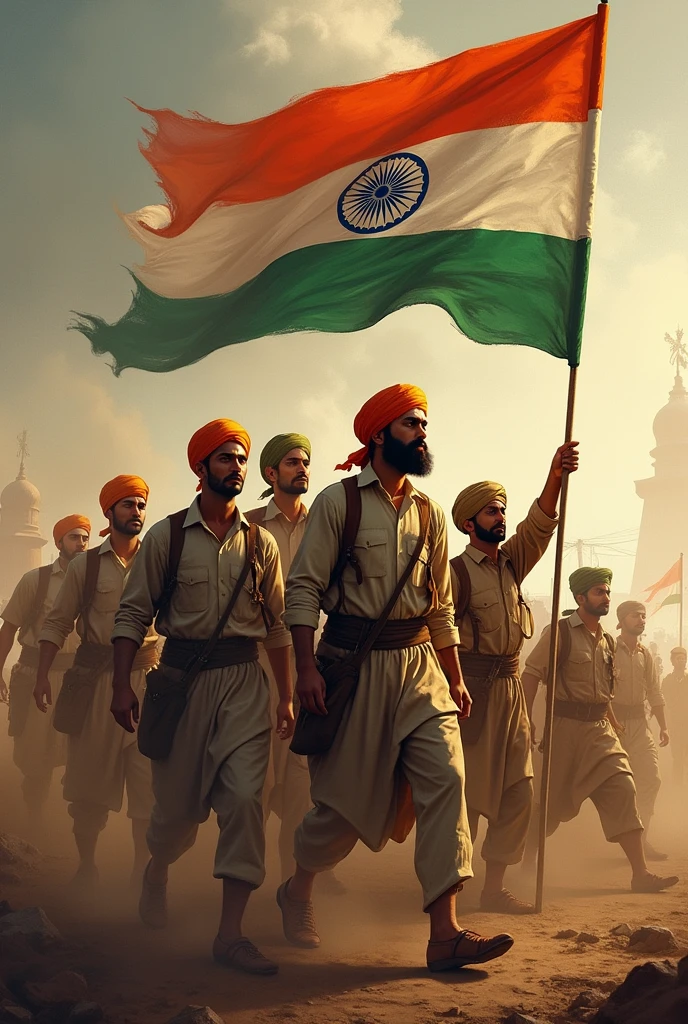 Indian freedom fighters bhagat singh and his friends with indian flag photo
